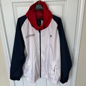 U.S. Polo Assn. White, Navy & Red Colorblock Hooded Windbreaker